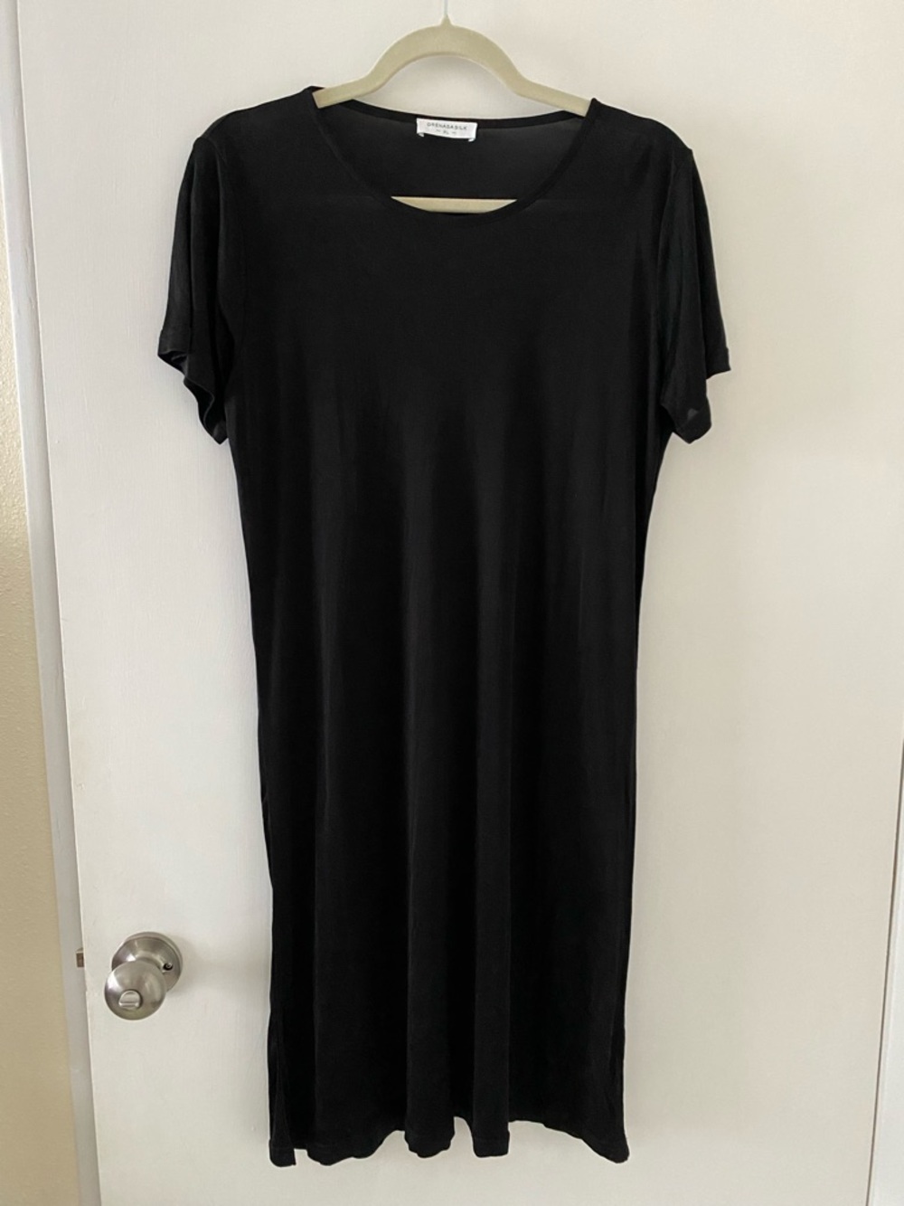 100% Silk Black Nightgown Short-Sleeve Sheer Slip - Size XL